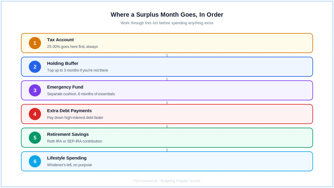 Surplus money waterfall order for budgeting irregular income — tax account, buffer, emergency fund, debt, retirement, then lifestyle spending